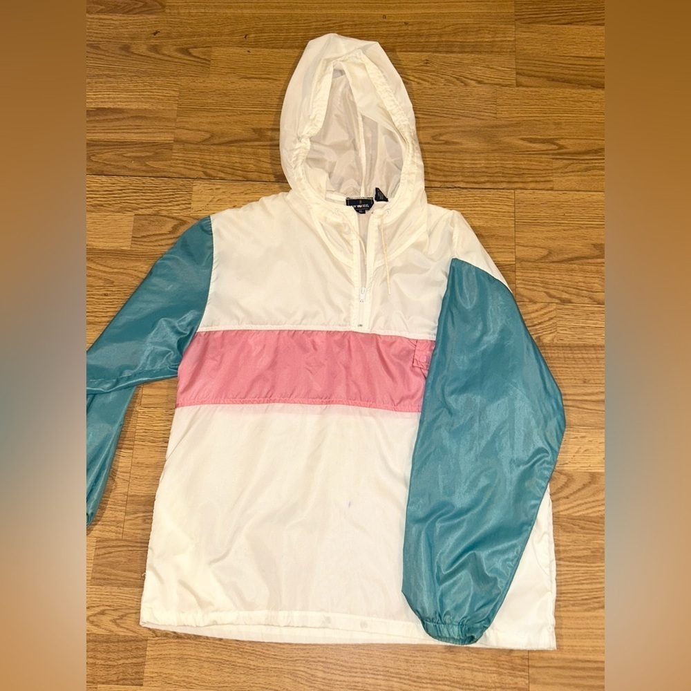 Vintage Lady Van Heusen Colorblock Windbreaker Jacket Teal Pink White XL 90s Y2K